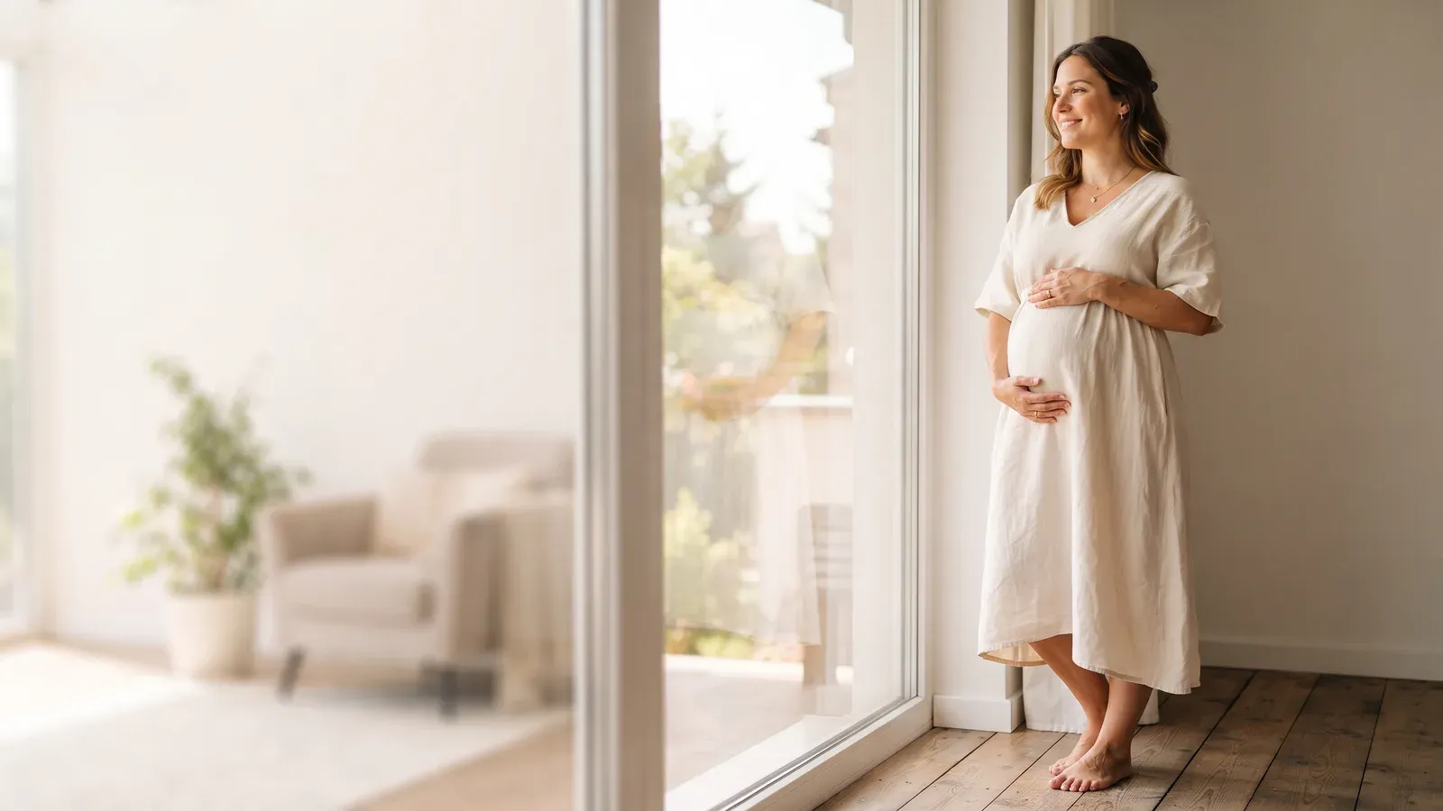 Escena ilustrativa de una mujer embarazada junto a una ventana, en un ambiente sereno